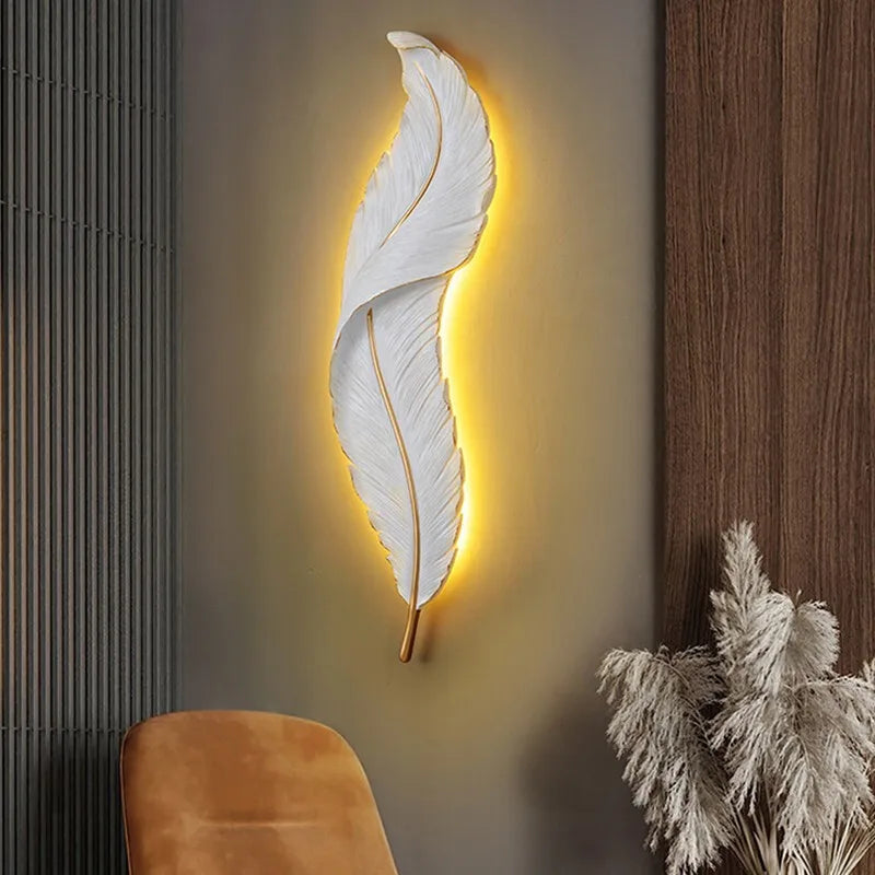 Luxury Nordic LED Feather Wall Lamp – Modern Gold Wall Sconce for Bedroom, Living Room & Hallway