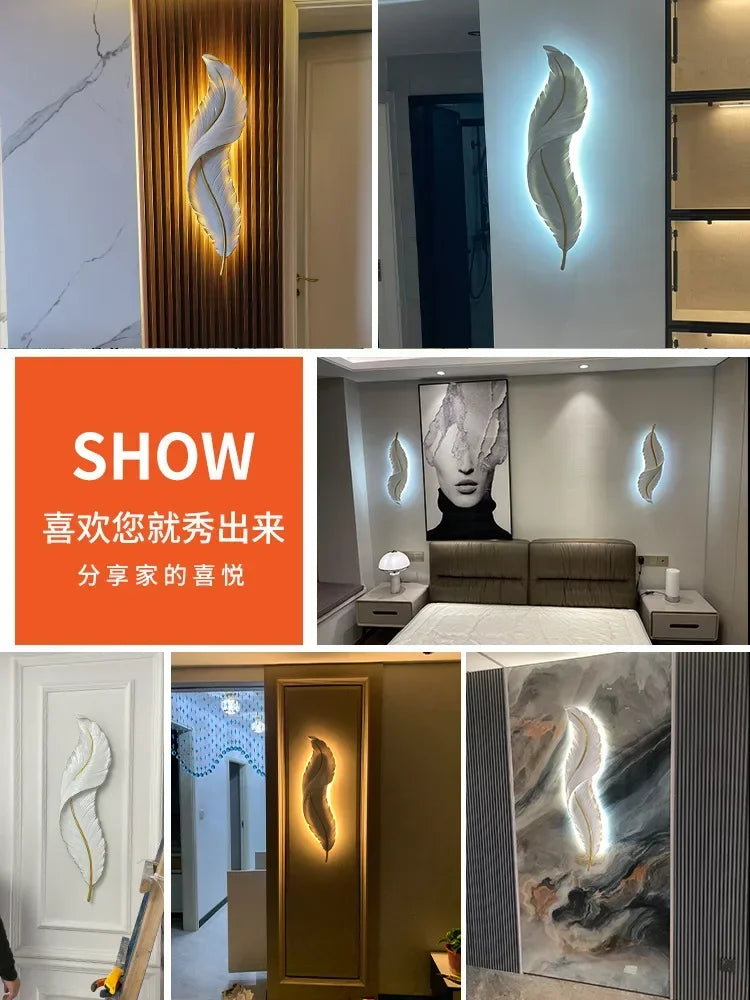 Luxury Nordic LED Feather Wall Lamp – Modern Gold Wall Sconce for Bedroom, Living Room & Hallway