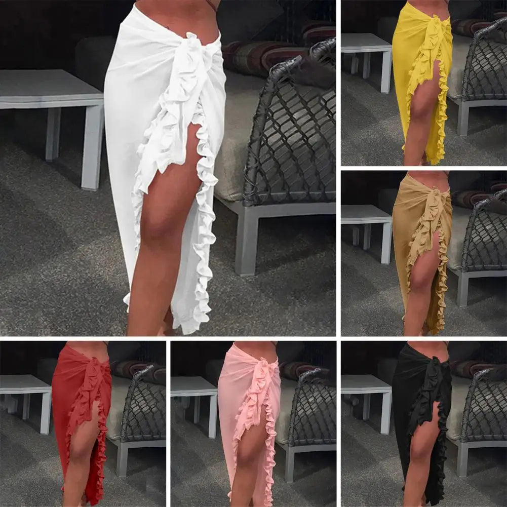 Elegant Ruffle High-Slit Beach Cover-Up Skirt