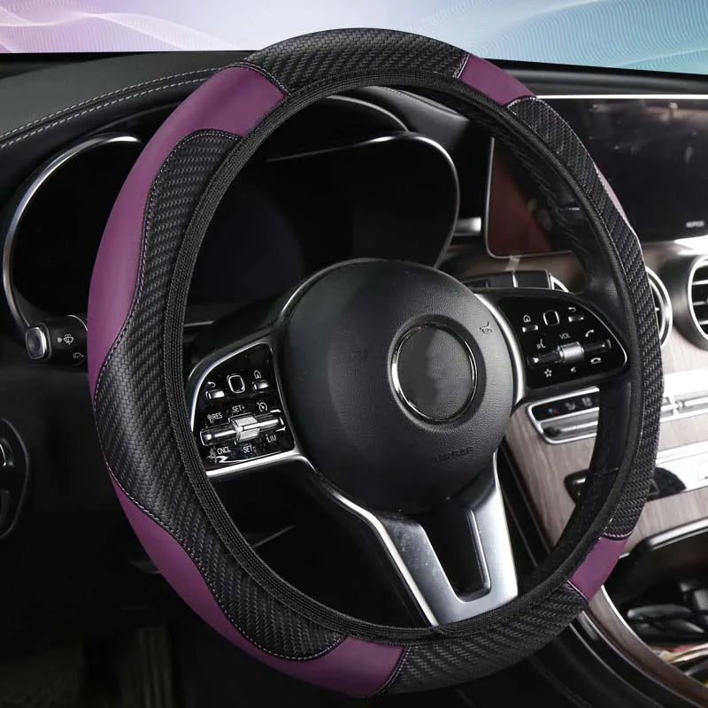 Premium Carbon Fiber PU Leather Steering Wheel Cover – Breathable, Anti-Slip Universal Fit (37–38.5 cm)