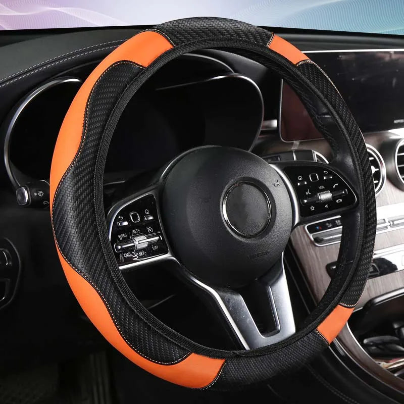 Premium Carbon Fiber PU Leather Steering Wheel Cover – Breathable, Anti-Slip Universal Fit (37–38.5 cm)