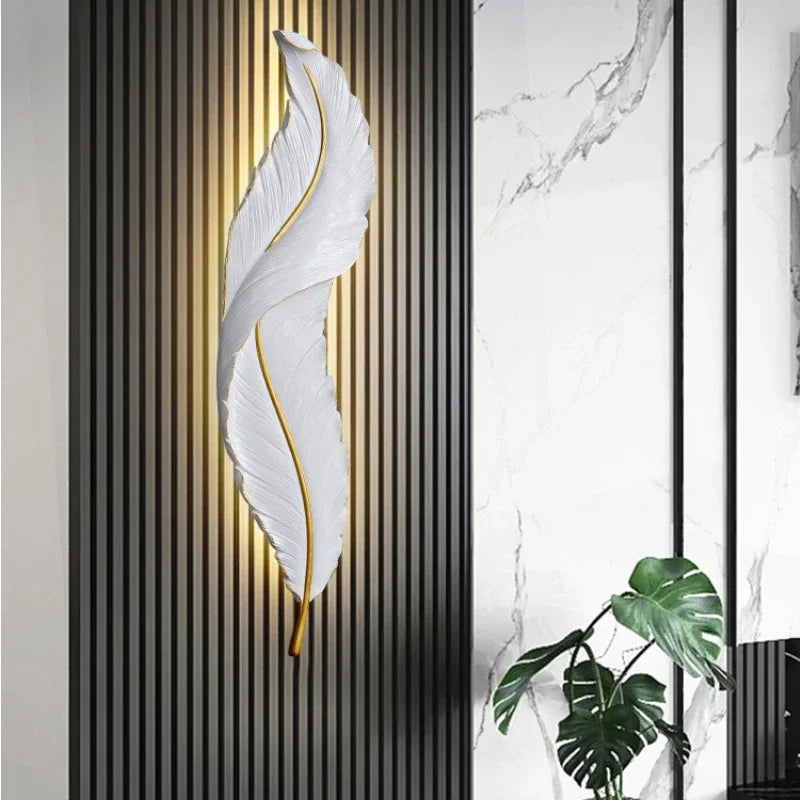 Luxury Nordic LED Feather Wall Lamp – Modern Gold Wall Sconce for Bedroom, Living Room & Hallway