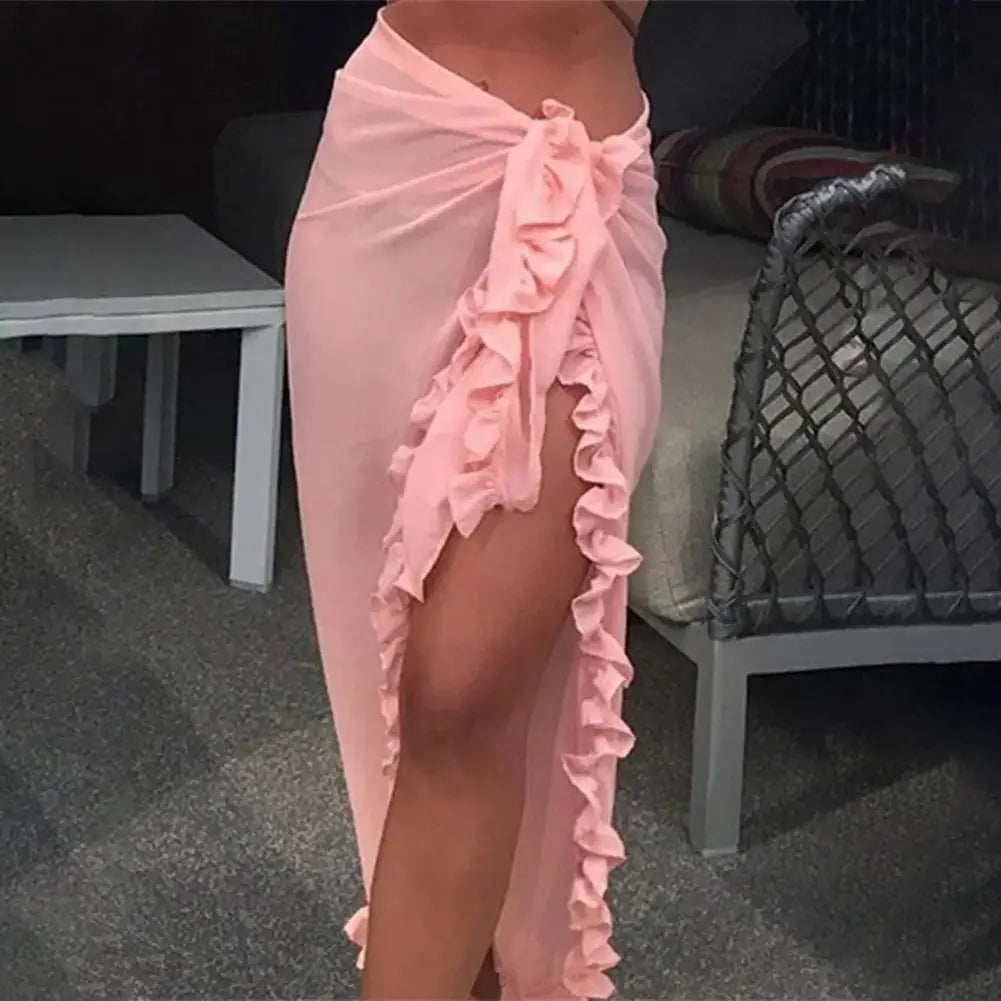 Elegant Ruffle High-Slit Beach Cover-Up Skirt