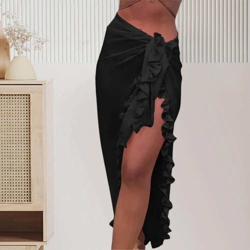 Elegant Ruffle High-Slit Beach Cover-Up Skirt