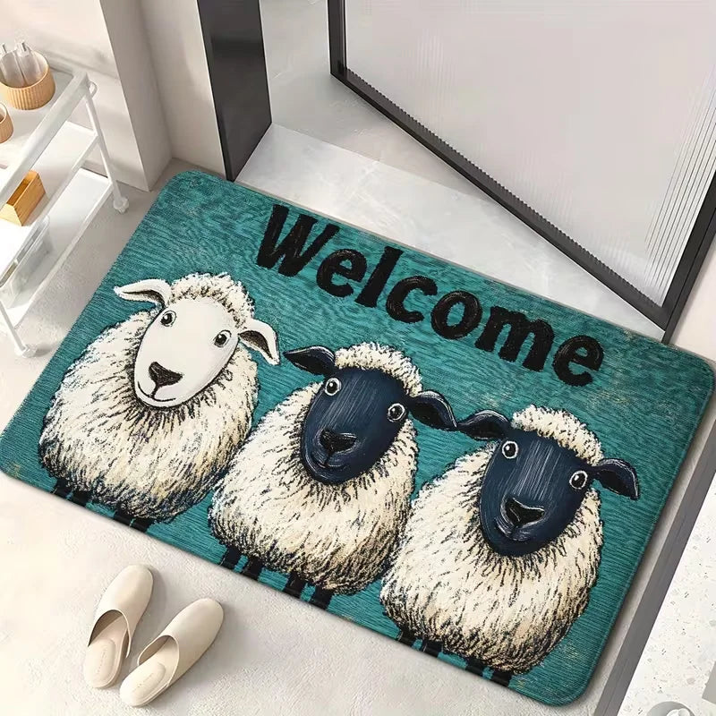 Black & White Sheep Welcome Door Mat – Non-Slip Indoor & Outdoor Rug