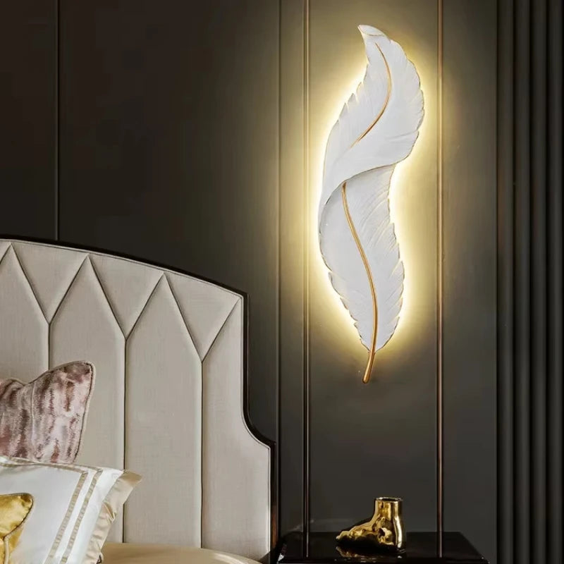 Luxury Nordic LED Feather Wall Lamp – Modern Gold Wall Sconce for Bedroom, Living Room & Hallway