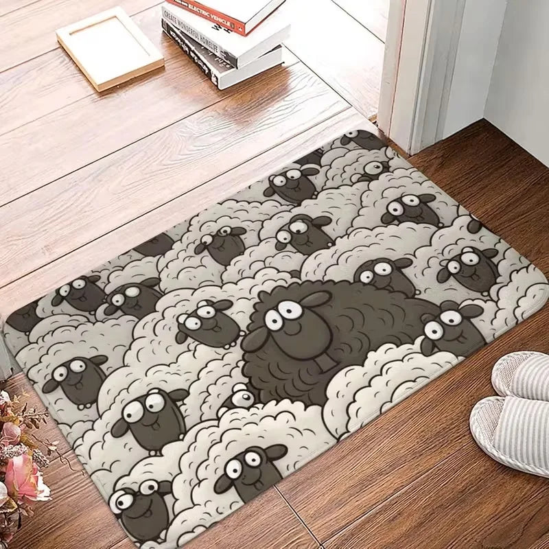Black & White Sheep Welcome Door Mat – Non-Slip Indoor & Outdoor Rug
