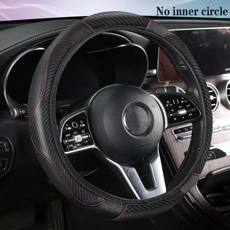 Premium Carbon Fiber PU Leather Steering Wheel Cover – Breathable, Anti-Slip Universal Fit (37–38.5 cm)