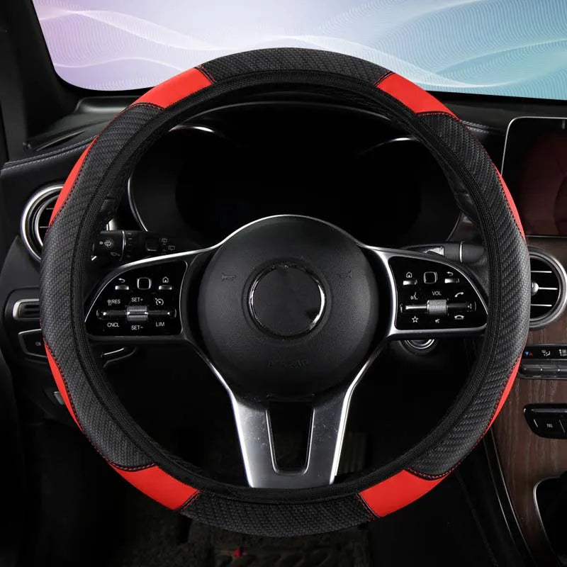 Premium Carbon Fiber PU Leather Steering Wheel Cover – Breathable, Anti-Slip Universal Fit (37–38.5 cm)