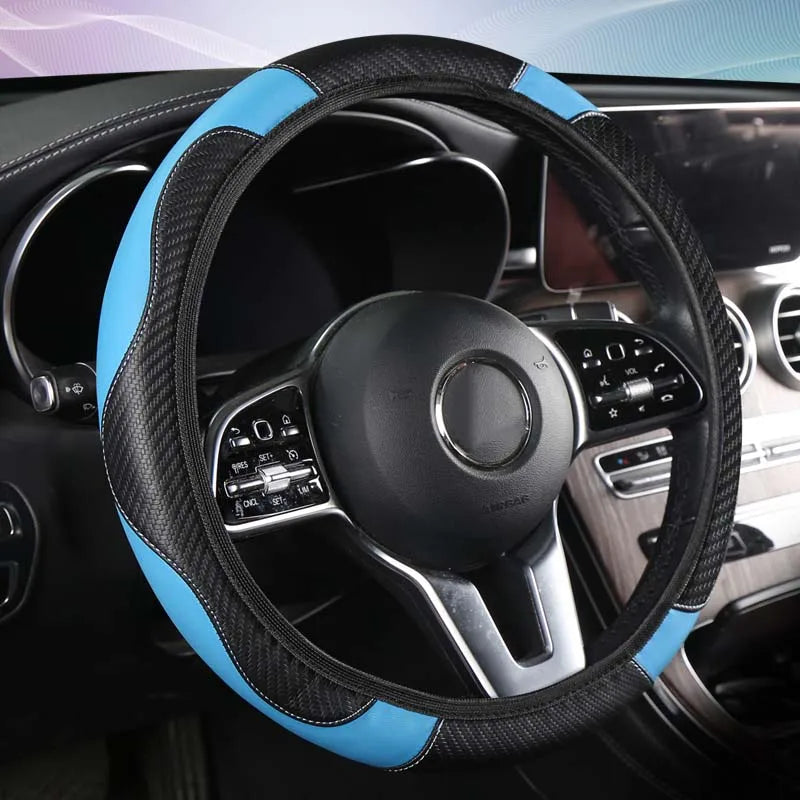 Premium Carbon Fiber PU Leather Steering Wheel Cover – Breathable, Anti-Slip Universal Fit (37–38.5 cm)